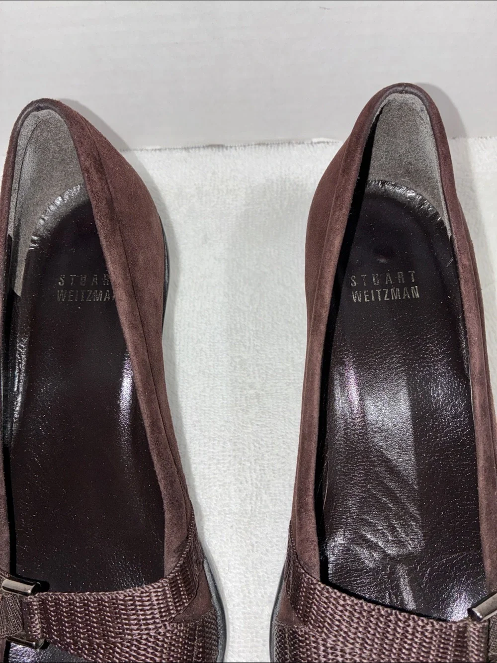 Stuart Weitzman Dark Brown Suede Mid Heel Pumps with Sling Accent